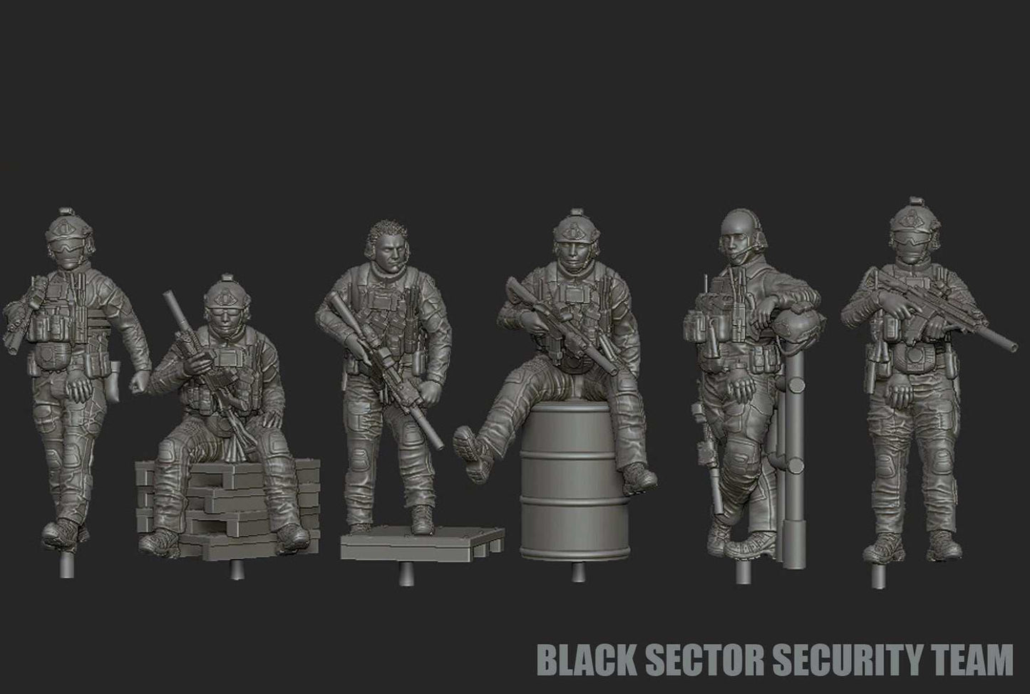 28mm Modern GUNSLINGER resin miniatures set featuring six Black Sector Security Team figures in detailed tactical gear