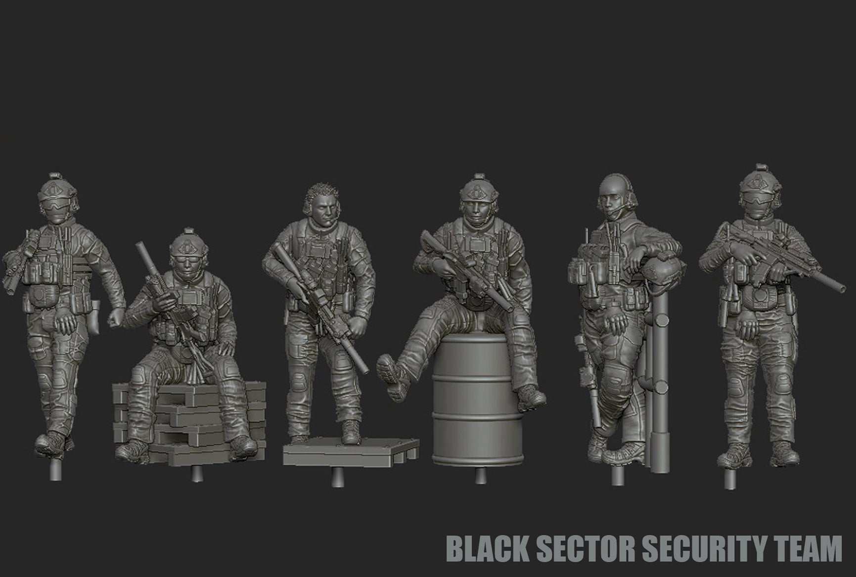 28mm Modern GUNSLINGER resin miniatures set featuring six Black Sector Security Team figures in detailed tactical gear