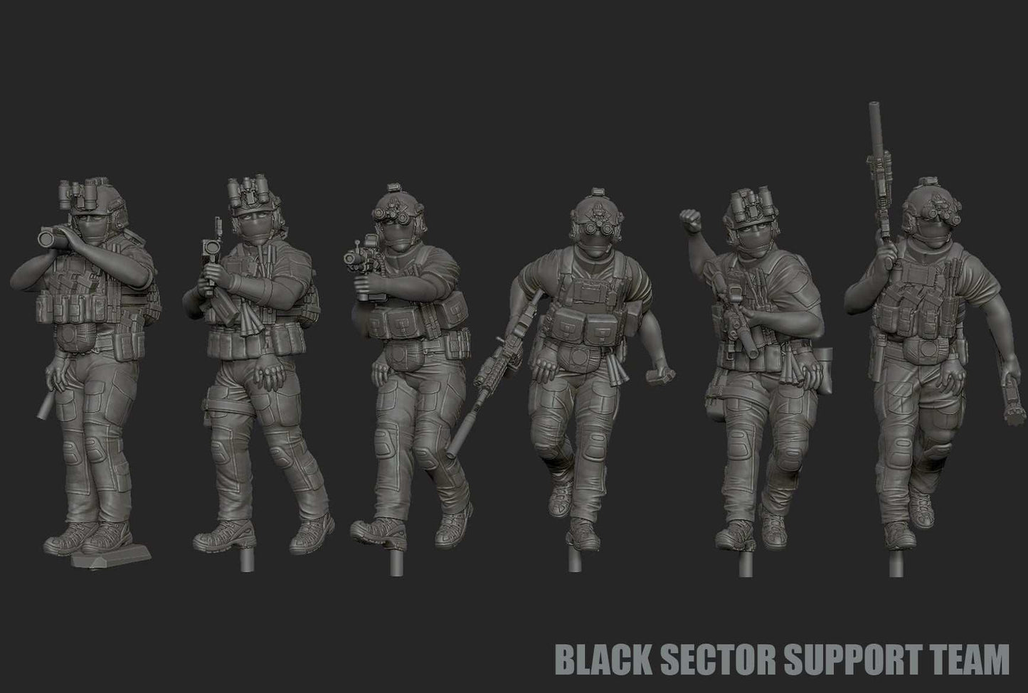 28mm modern gunslinger resin miniatures set featuring six unpainted Black Sector GIG support team figures in tactical gear