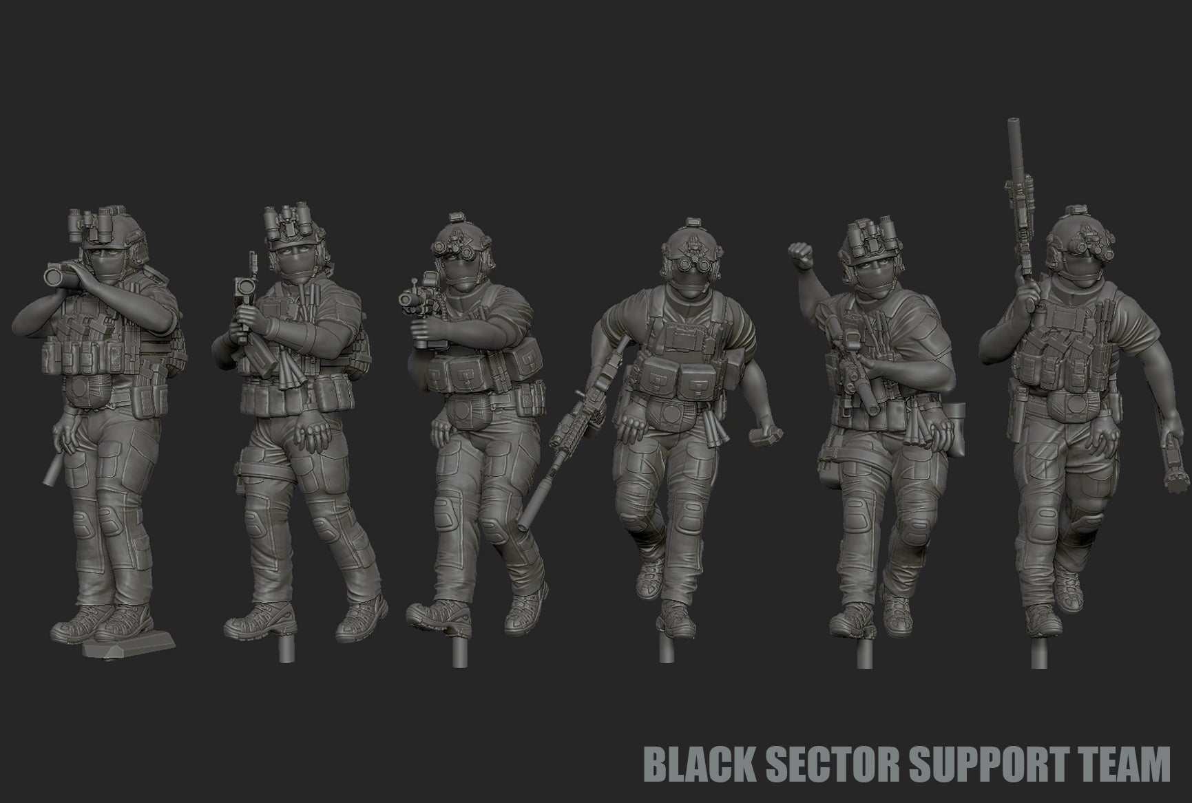 28mm modern gunslinger resin miniatures set featuring six unpainted Black Sector GIG support team figures in tactical gear