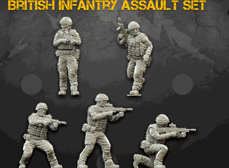 28mm resin miniatures set of 5 modern British infantry soldiers in assault poses with L85 rifles unpainted and detailed