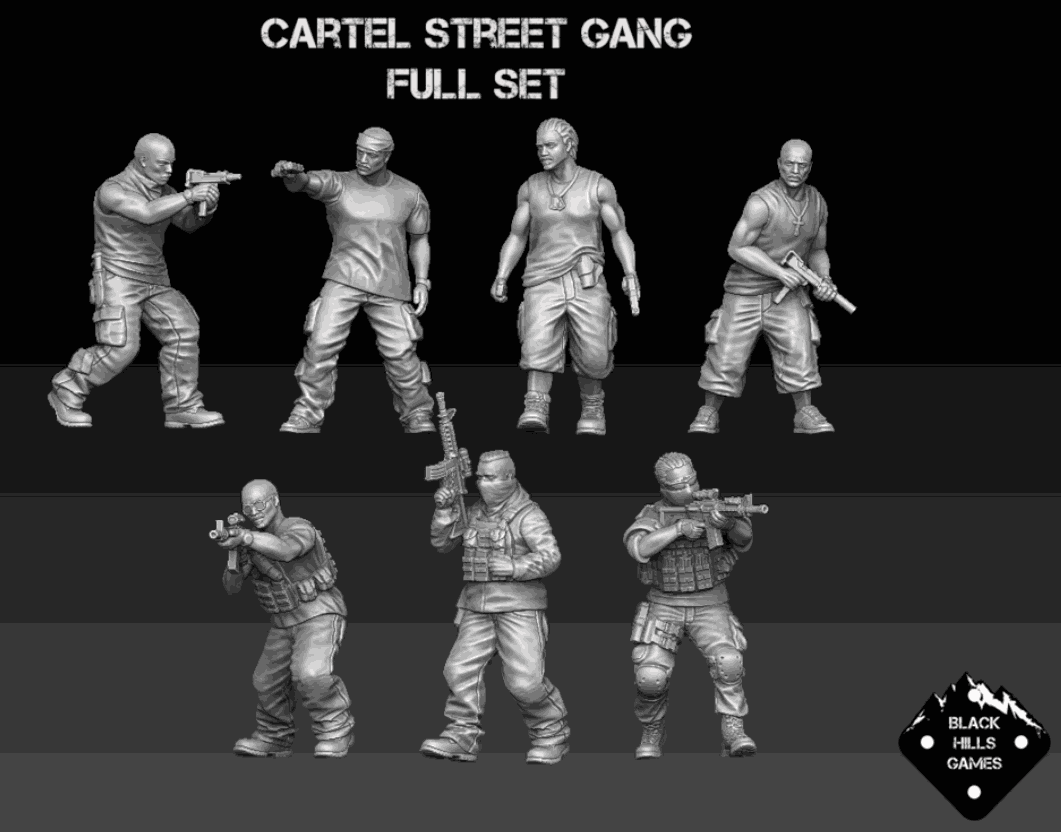 28mm modern cartel street gang resin miniatures set of 7 unpainted figures with pistols and assault rifles