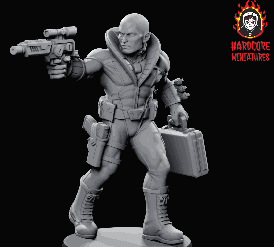 32mm Pulp ChromeFace resin miniature model holding a futuristic gun and briefcase, unpainted, detailed for modern pulp gaming