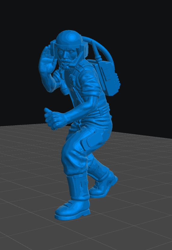 32mm resin model of a pulp communication officer with headset and backpack, posed in a dynamic stance, unpainted and detailed for modern pulp gaming.