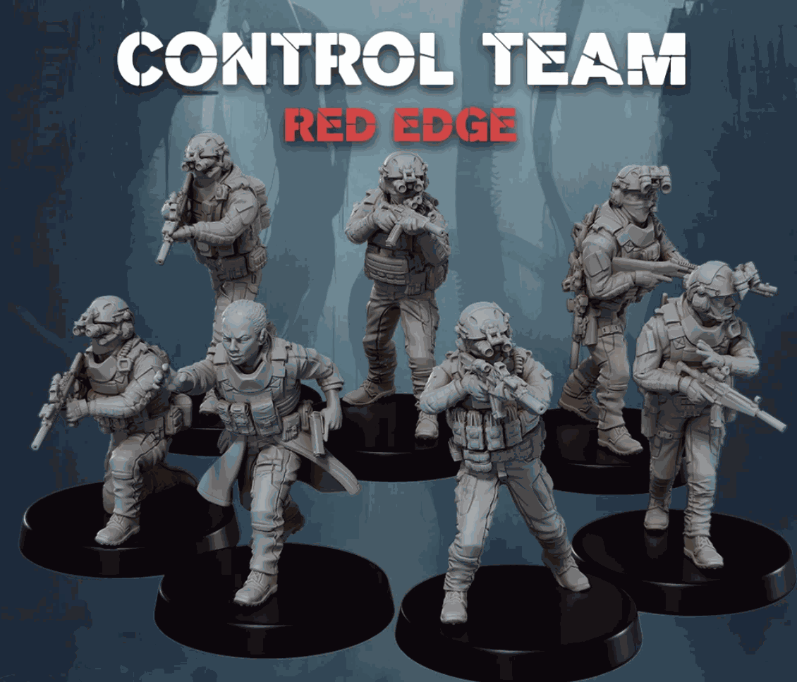 Seven 32mm Control Team Red Edge unpainted resin miniatures set.