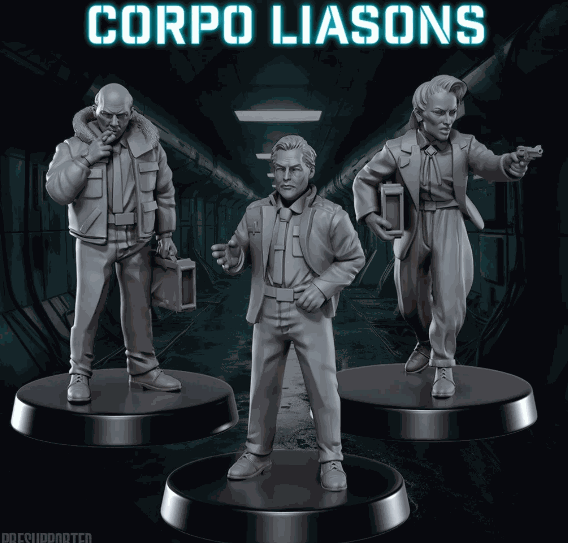 Set of three 32mm unpainted resin Corpo Liasons miniatures with detailed poses and accessories