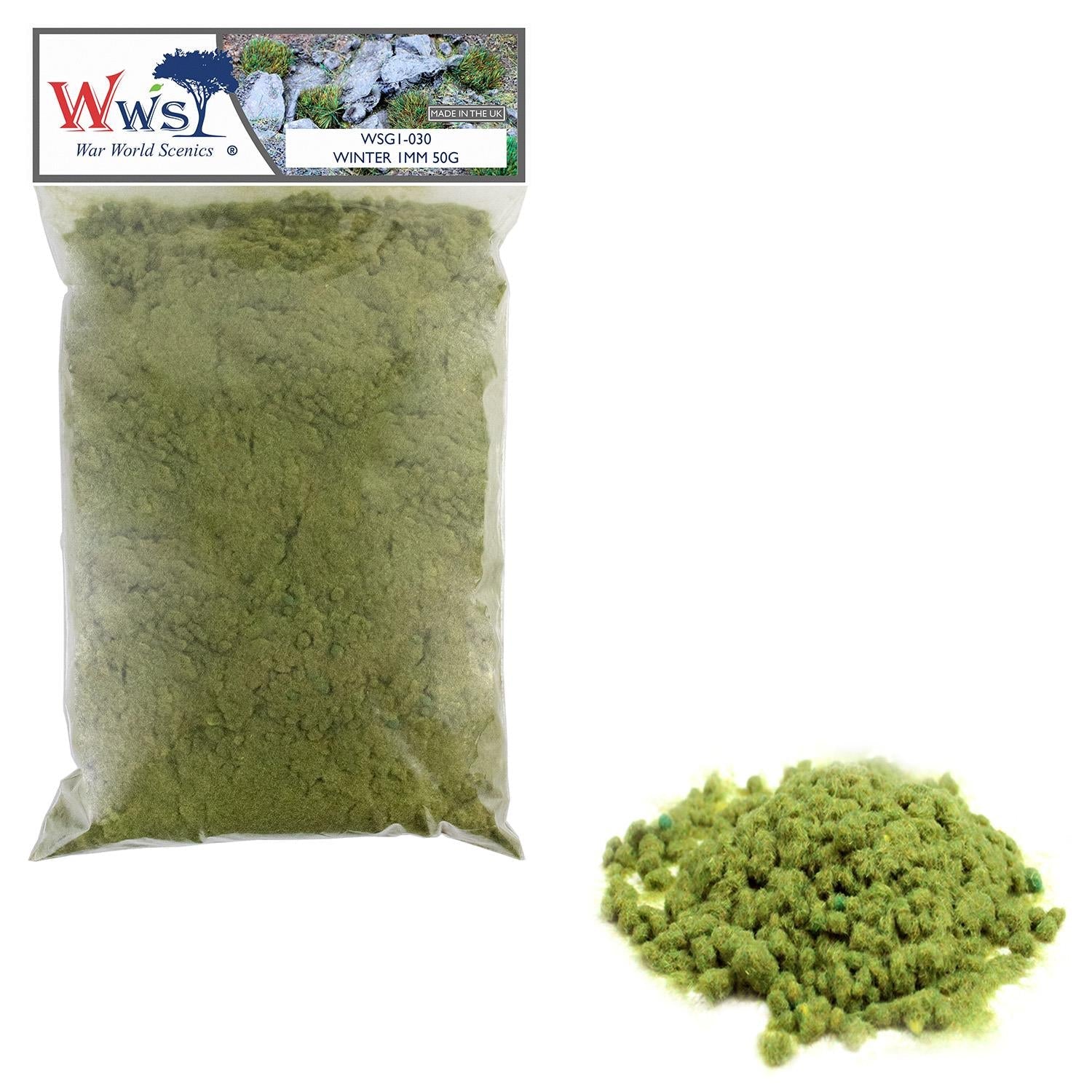 WWScenics 1mm Winter Static Grass fine fiber blend for realistic cold-season modeling in wargaming, dioramas, and railway scenery