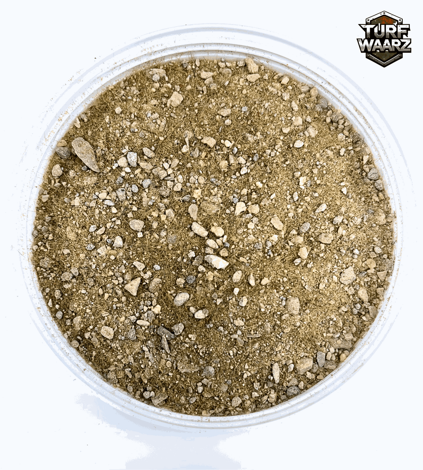 Dead Field Wargame Terrain in a clear plastic container with gravel and sand for miniature and tabletop modeling.
