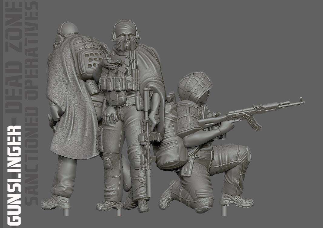 28mm Modern GUNSLINGER resin miniatures set of three unpainted Dead Zone Contractors models with tactical gear and weapons