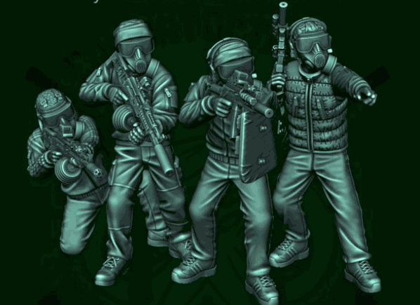 28mm Modern Deniable Assaulter set of four unpainted resin heroic scale figures with tactical gear and weapons
