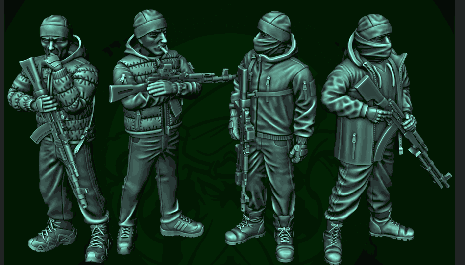 28mm Modern Deniables set of four unpainted resin miniature figures in mud gear with weapons, heroic scale