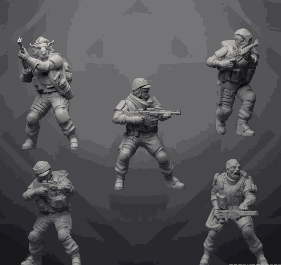 Set of five unpainted 32mm Echo Squad resin miniatures with detailed military poses and weapons