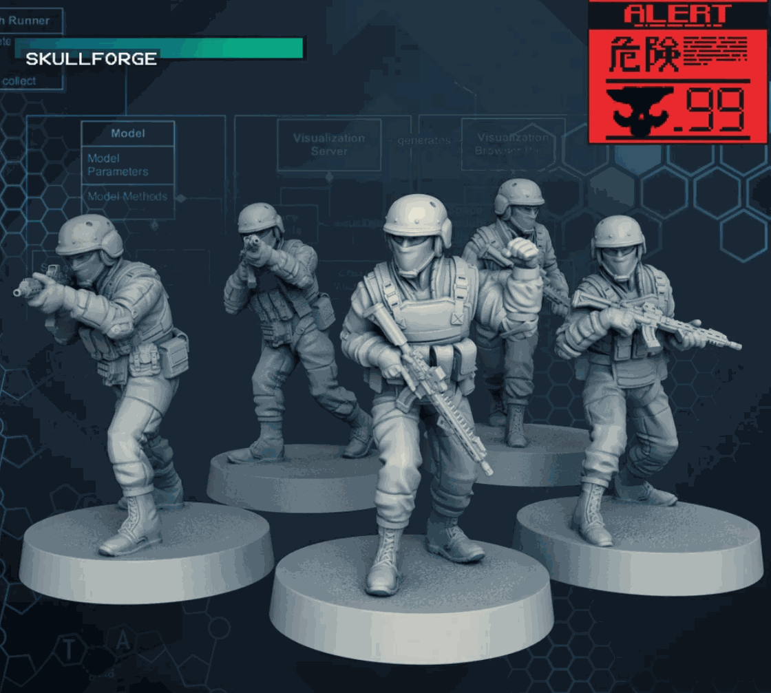 Set of five unpainted 32mm Elite Wolf Soldier resin miniatures with detailed tactical gear and weapons, printed at 0.05mm layer height.