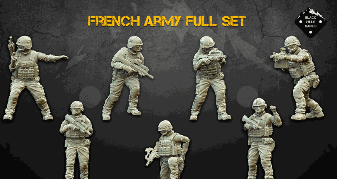 28mm resin miniatures set of modern French Army soldiers with FAMAS, HK416, and LMG rifles unpainted