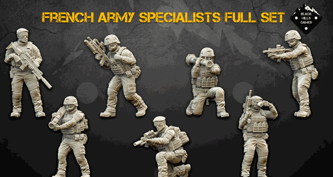 28mm Modern French Army Specialists miniature set with detailed resin models featuring FAMAS, HK416, SCAR-H PR rifles and grenade launchers.