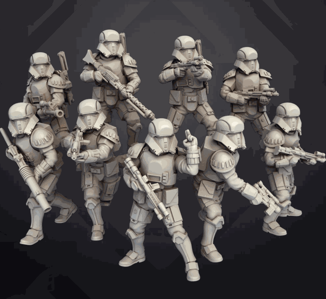 Set of ten 32mm Authority Frontier Troopers miniatures in light variant, unpainted resin models with detailed armor and weapons.