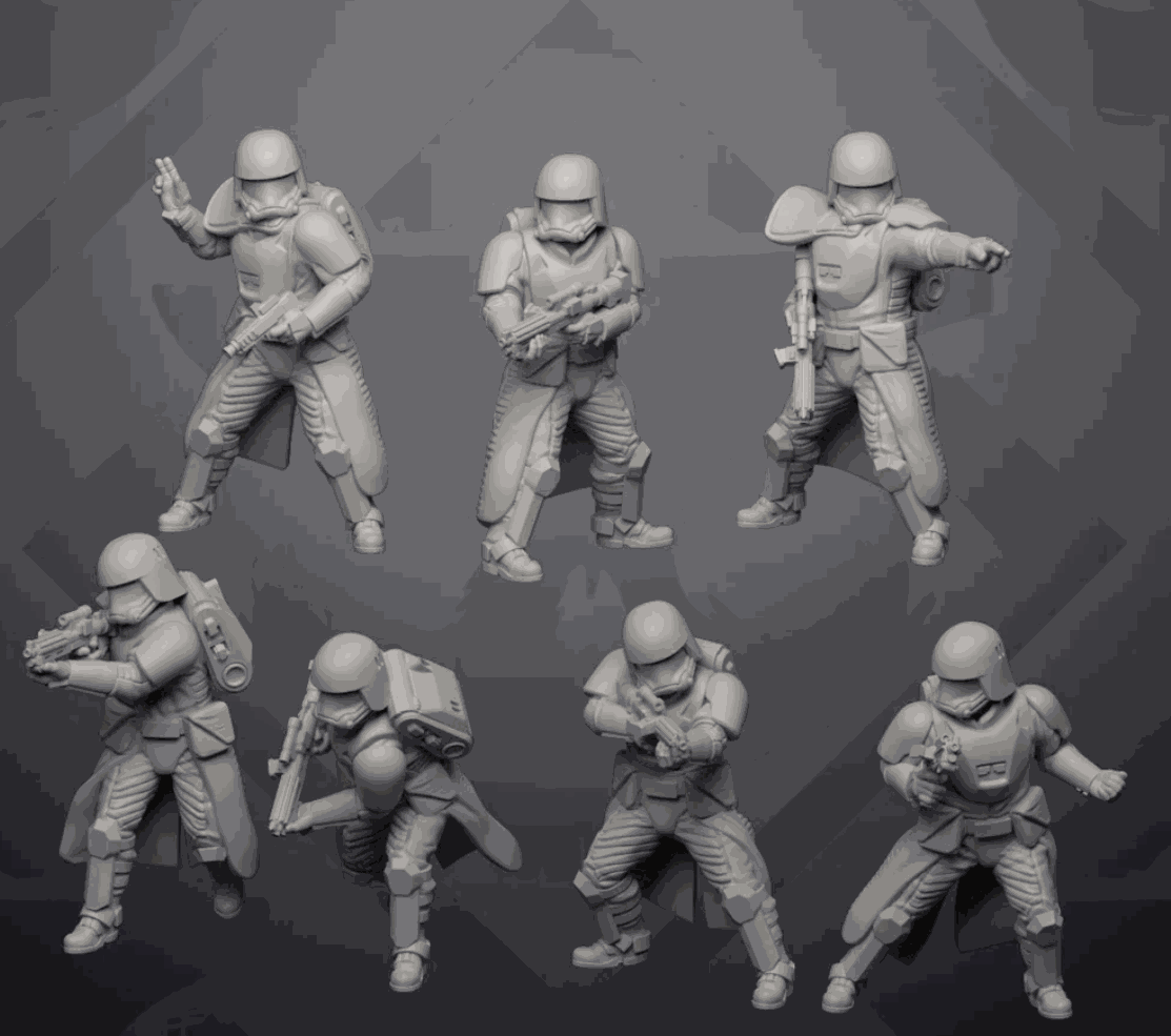 Set of seven unpainted 32mm Sovereign Frost Trooper resin miniatures with detailed sci-fi armor and weapons in various poses