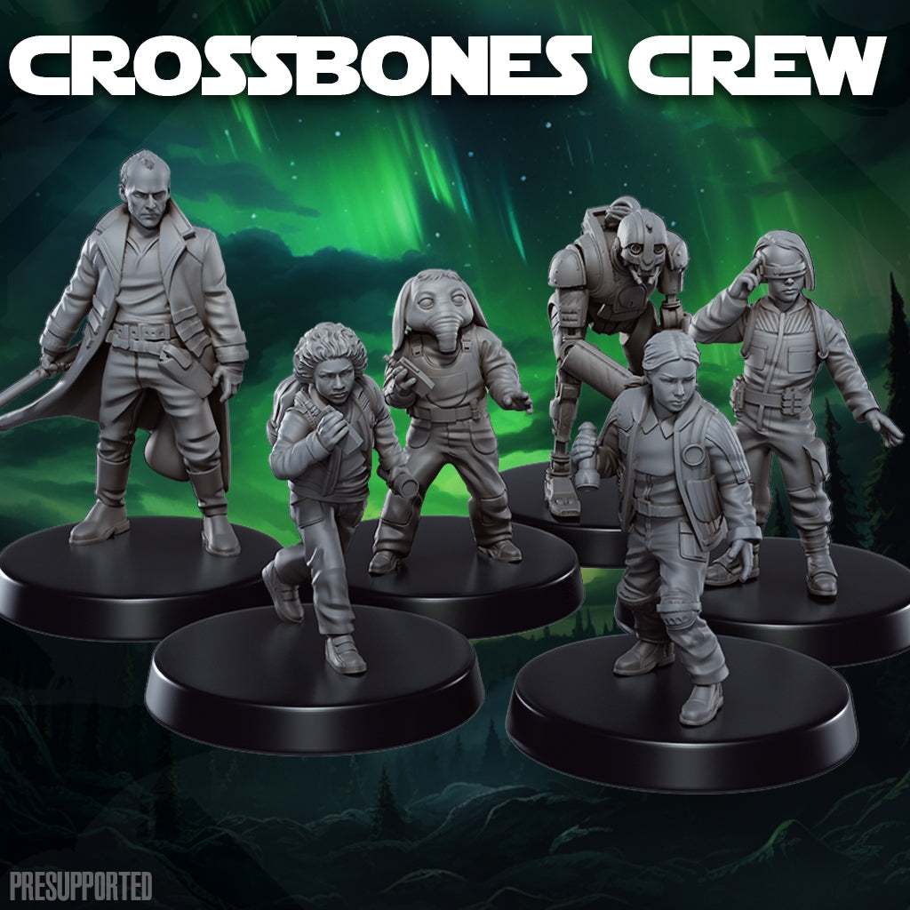 32mm CrossBones Crew set of six unpainted resin miniatures with detailed poses on black bases