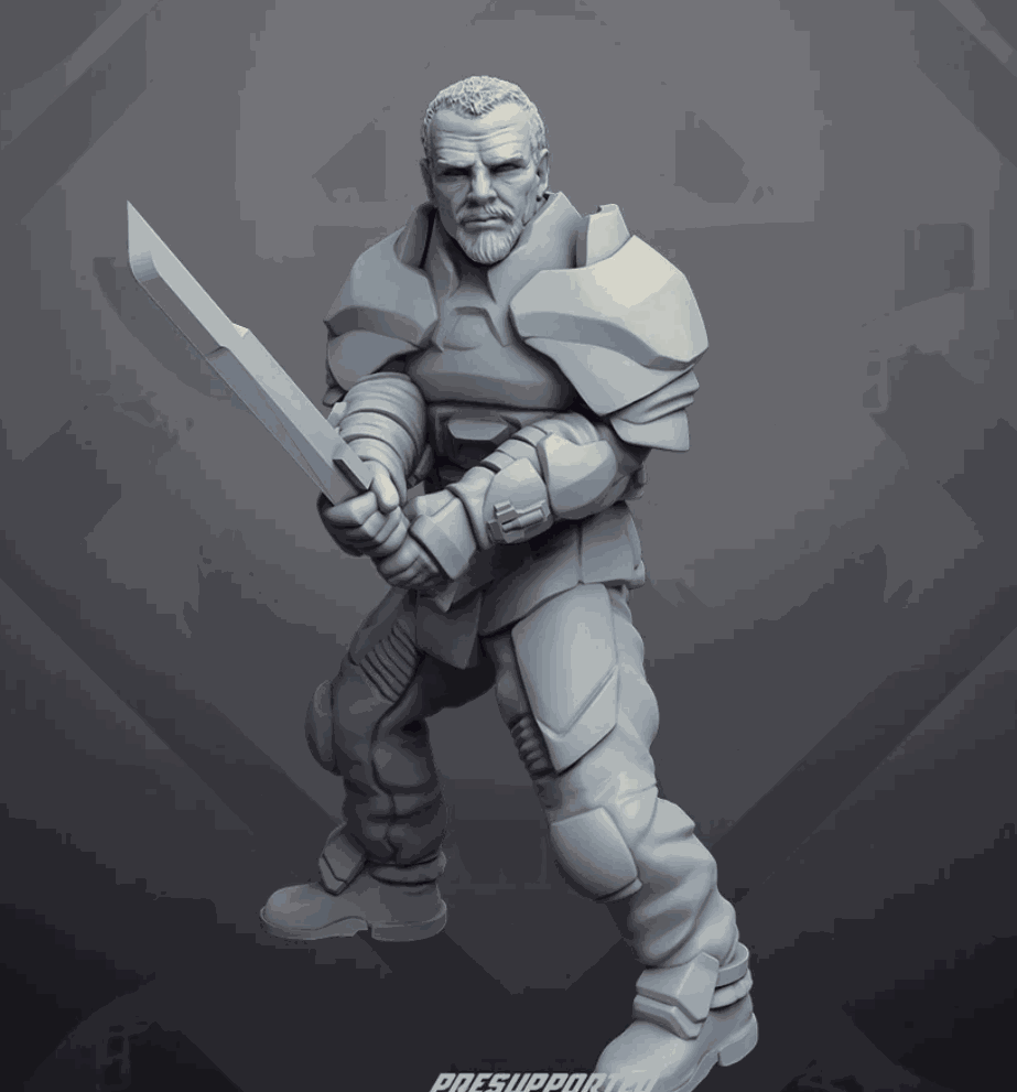 32mm resin printed miniature of Quartermaster Garrus holding a sword, unpainted and detailed model.