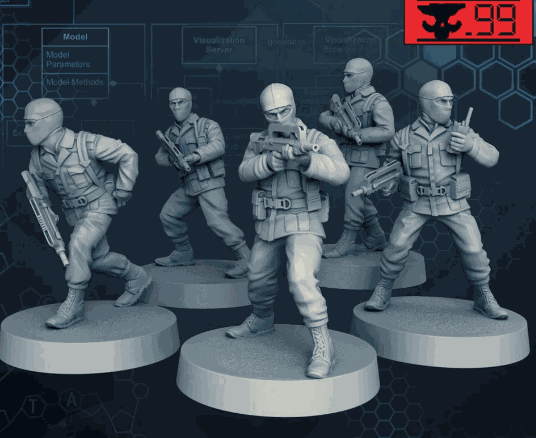 Set of five 32mm printed miniatures of generic wolf soldier resin models unpainted and unassembled
