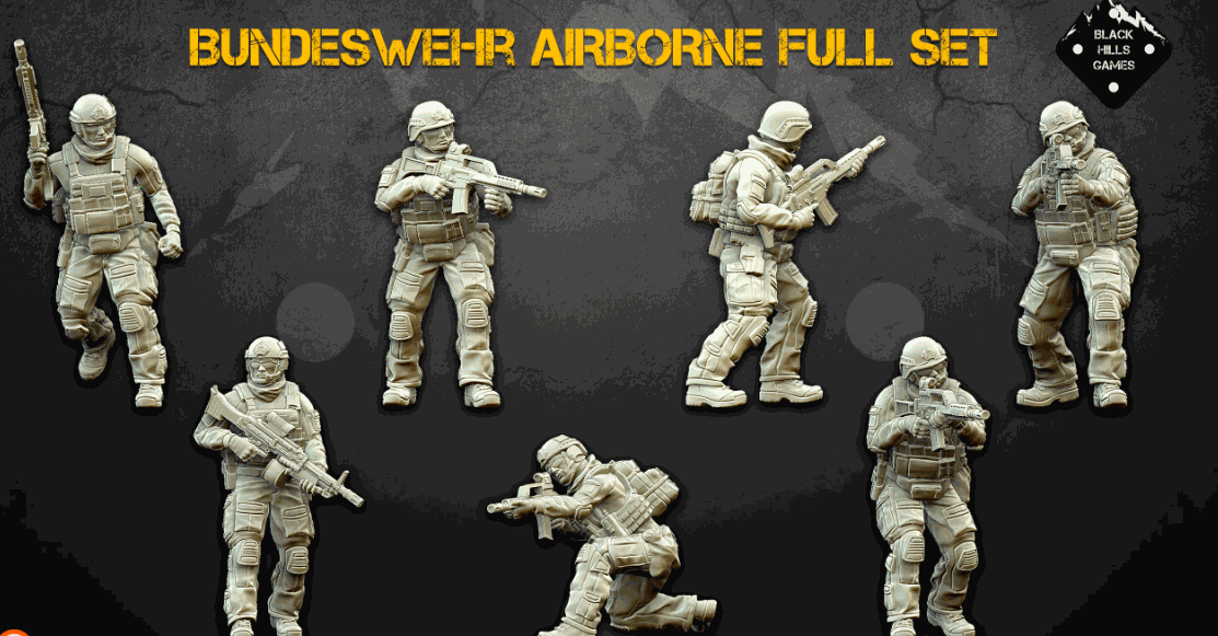 28mm Modern Bundeswehr Airborne resin miniatures set with 7 unpainted soldier models carrying G36 rifles and MG4, featuring 4 modular heads.