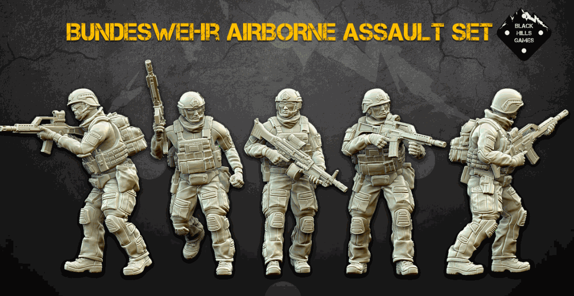 28mm Modern Bundeswehr resin miniatures set of five airborne assault soldiers with G36 rifles and MG4 MG unpainted