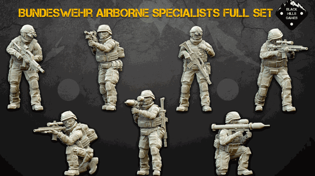 28mm Modern Bundeswehr Airborne Specialists resin miniature set with seven unpainted German soldiers carrying G36, G28 rifles, and Panzerfaust 3 weapons
