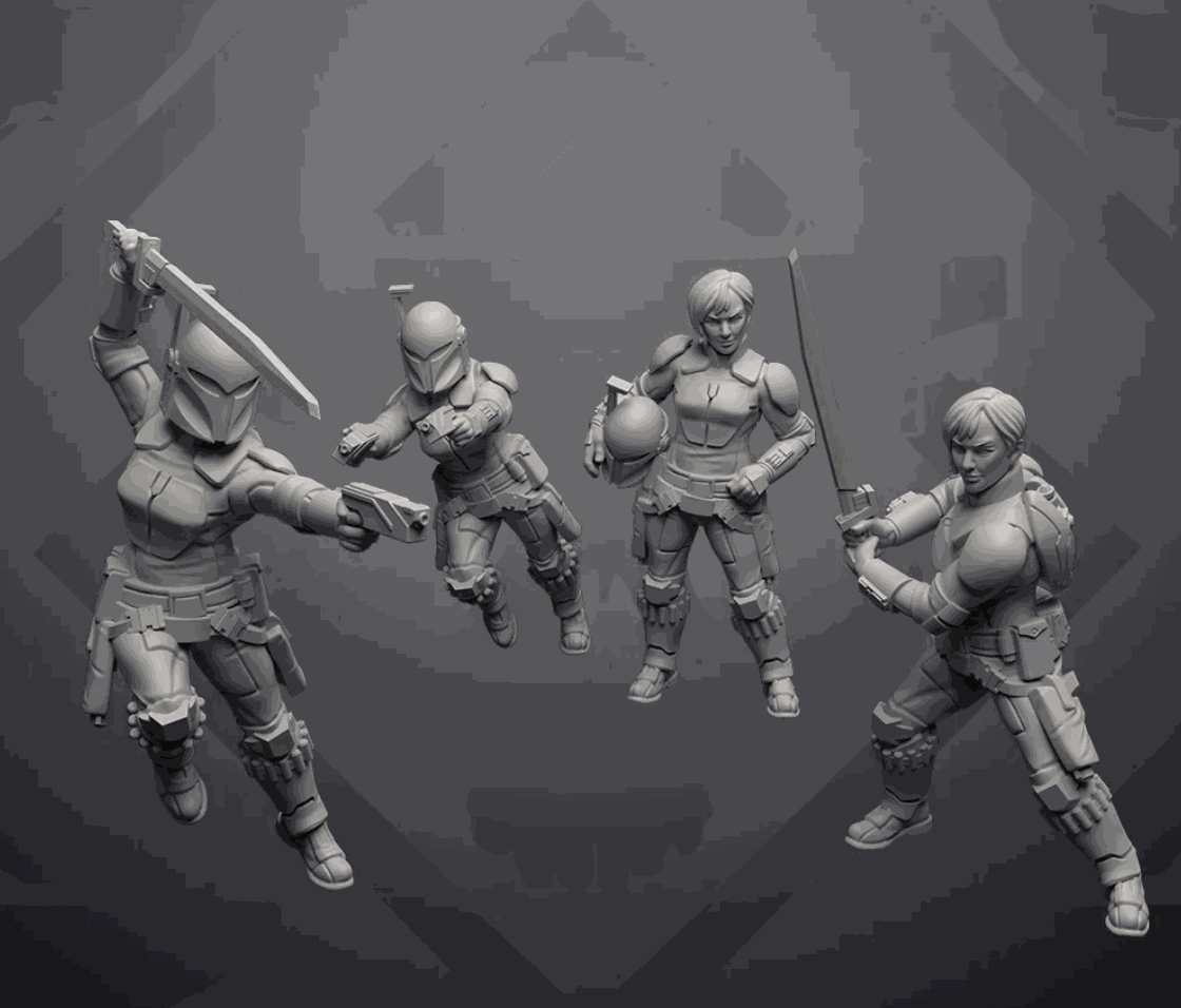 Set of four 32mm graffiti mercenary resin miniatures with helmets and weapons, unpainted and detailed models