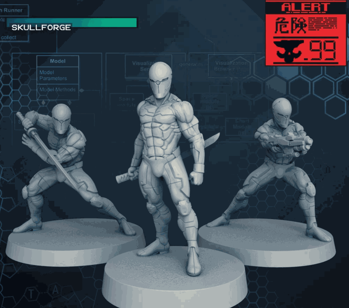 Set of three 32mm gray shinobi resin miniatures unpainted and assembled