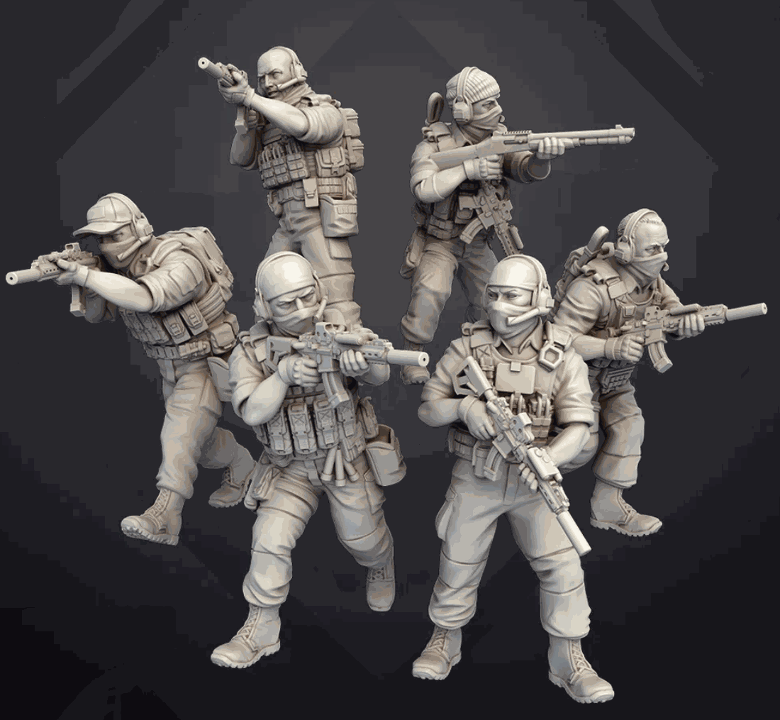 Set of six unpainted 32mm Gray Cell Mercenaries resin miniatures with detailed tactical gear and weapons.