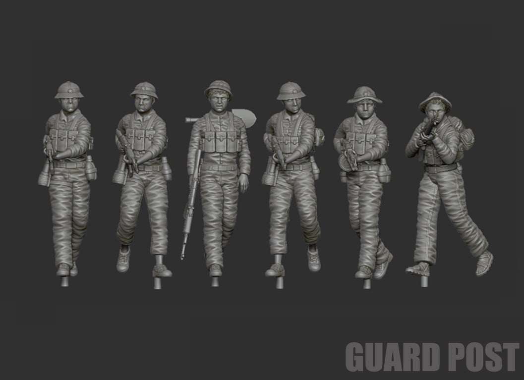 Set of six 28mm unpainted resin soldier models for Guard Post with detailed uniforms and gear.