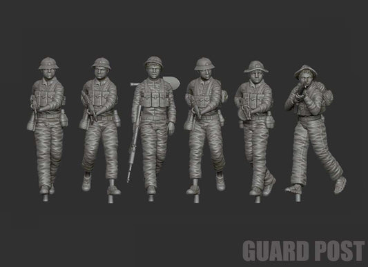 Set of six 28mm unpainted resin soldier models for Guard Post with detailed uniforms and gear.