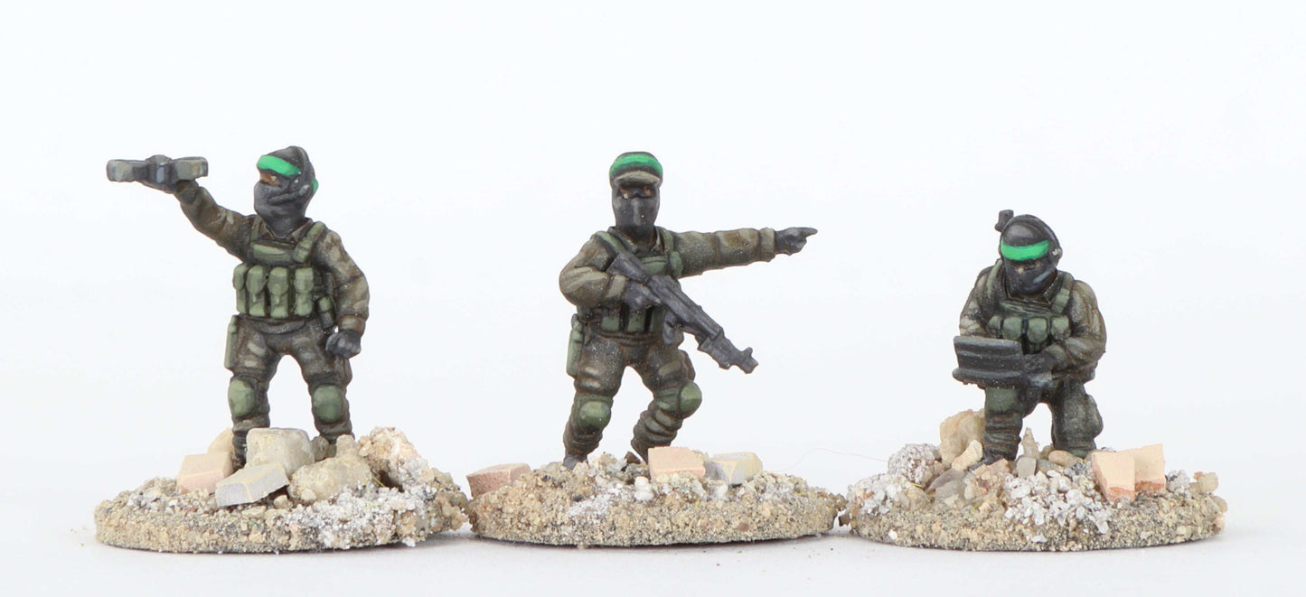 28mm Modern Resin Printed miniatures of Middle East insurgents with weapons on desert terrain bases