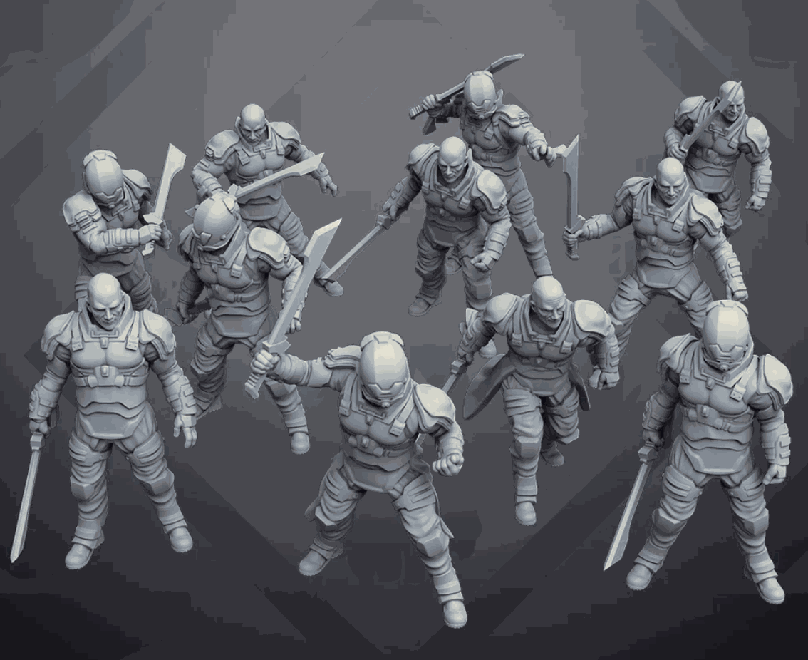 Set of seven 32mm House Harbinger Praetorians resin miniatures unpainted with weapons and armor details