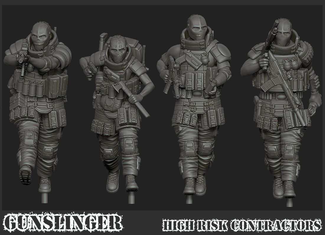 Set of four 28mm modern gunslinger resin miniatures from HRC Asset Retrieval Team with detailed tactical gear and weapons
