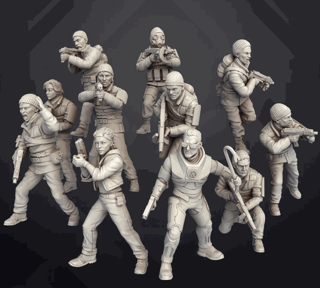Set of 11 unpainted 32mm resin miniatures of The Human Resistance with detailed poses and weapons