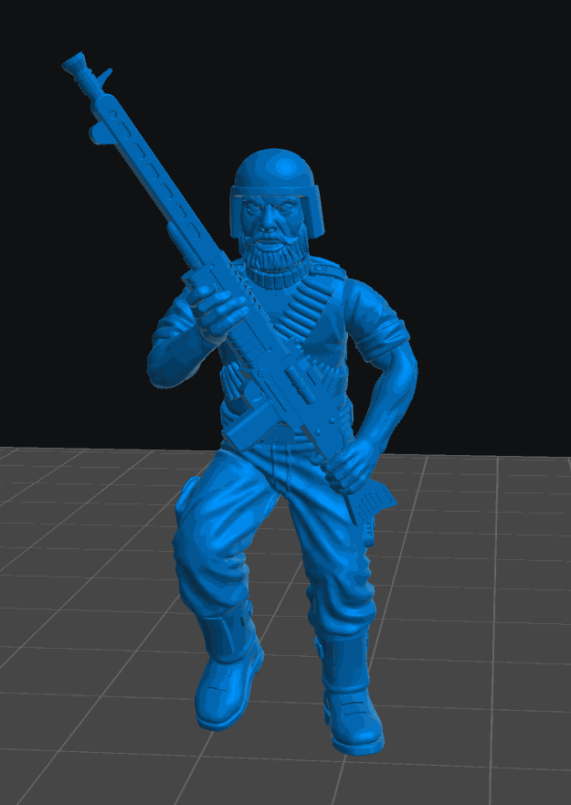 32mm resin model of a pulp heavy gunner holding a large gun, unpainted and detailed for modern pulp gaming