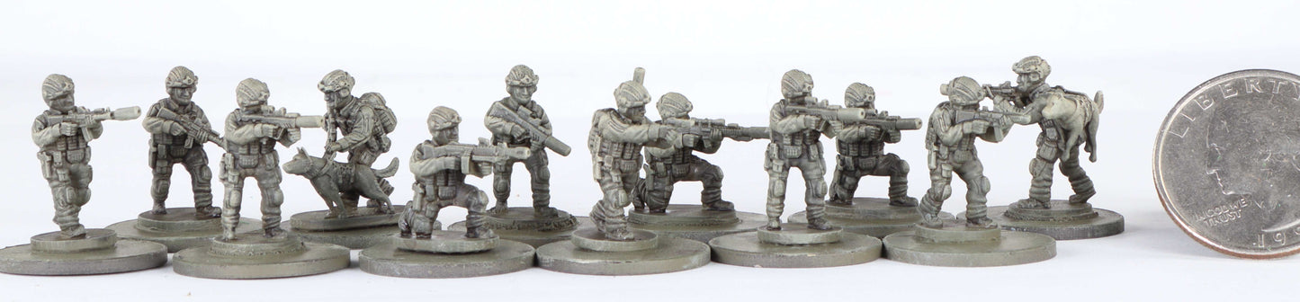 15mm resin miniatures of Modern Israeli Defense Force Special Forces with tactical gear, unpainted, heroic scale.