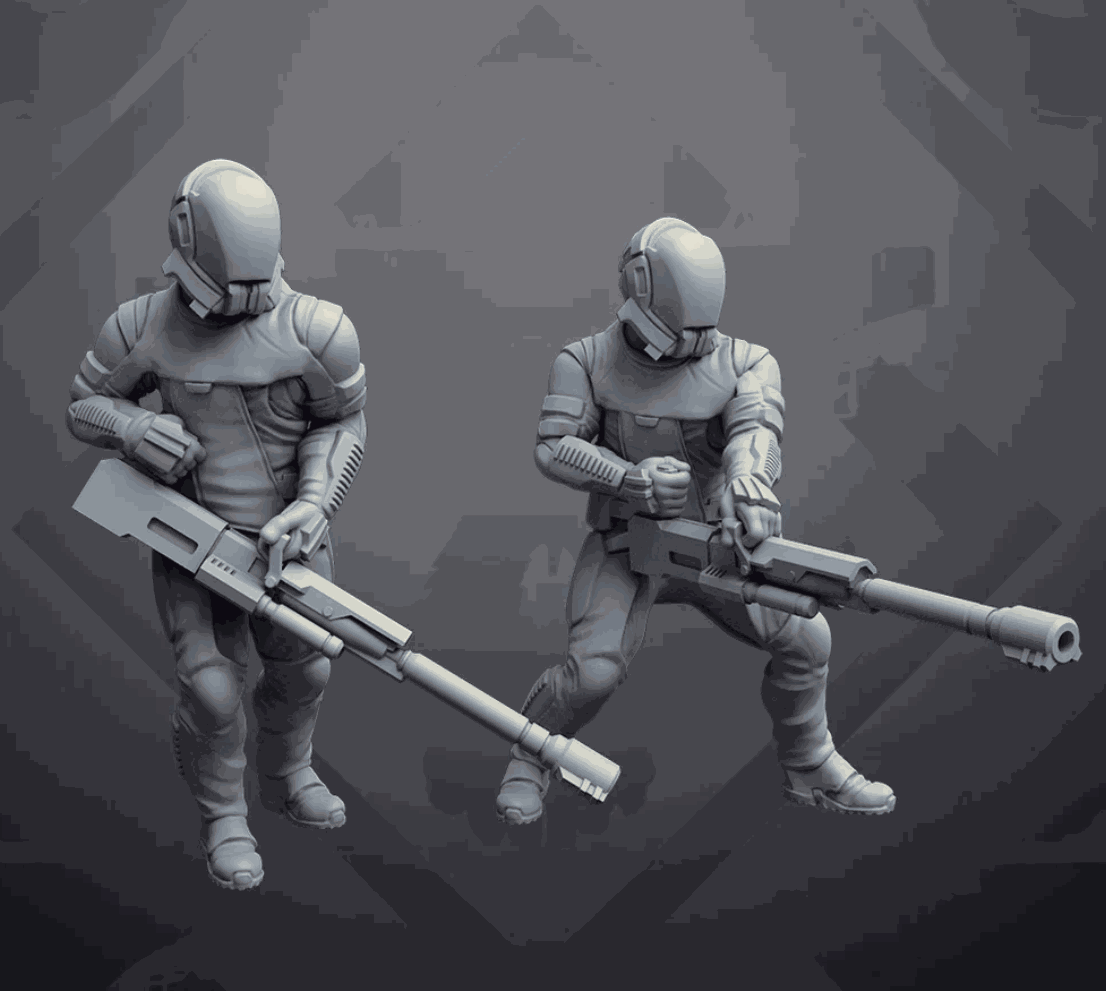 Two 32mm Imperial Janissaries gunners miniatures in futuristic armor holding rifles, unpainted resin models.