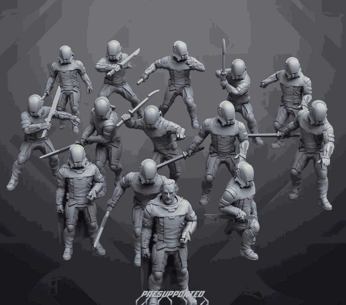 Set of 14 unpainted 32mm Imperial Janissaries resin miniatures in dynamic poses with swords and futuristic armor