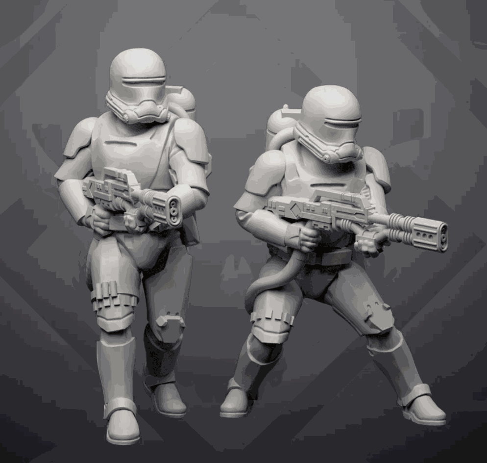 Two unpainted 32mm Sovereign Incinerator Troopers resin miniatures with detailed armor and weapons