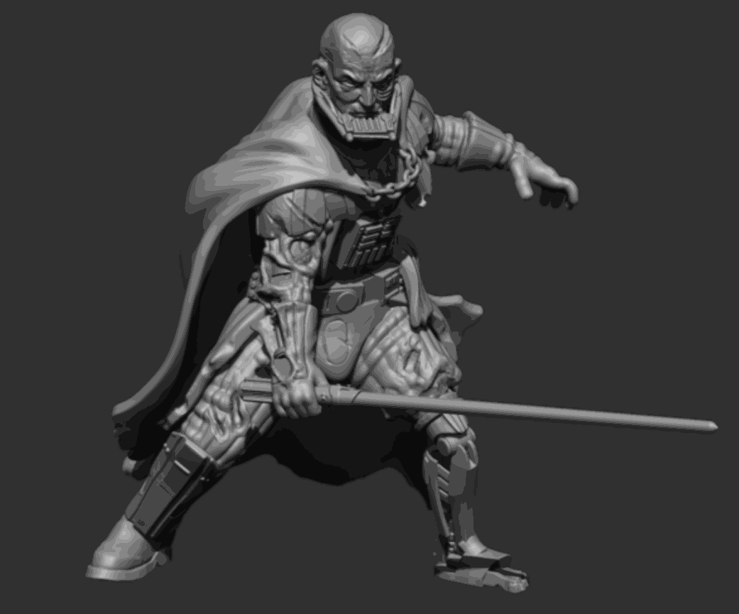 32mm King of Ashes resin printed miniature figure in dynamic battle pose with detailed armor and cloak, unpainted and unassembled.