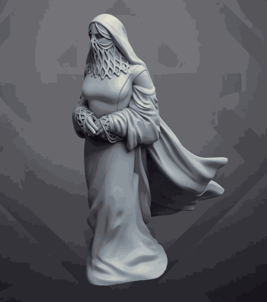 32mm lady juliana resin printed miniature unpainted with detailed cloak and face covering