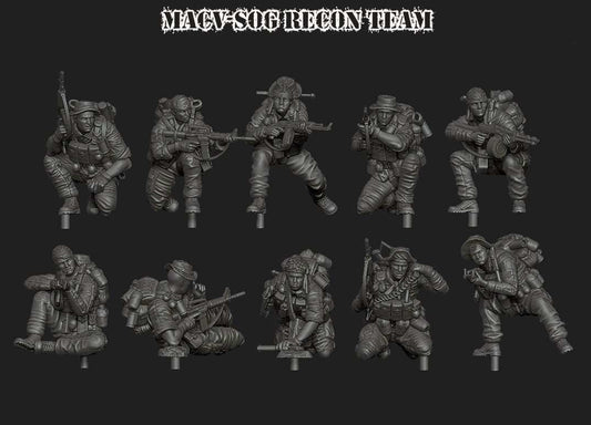 Set of 10 unpainted 28mm MACV-SOG resin miniatures in various combat poses, finely detailed for assembly and painting.