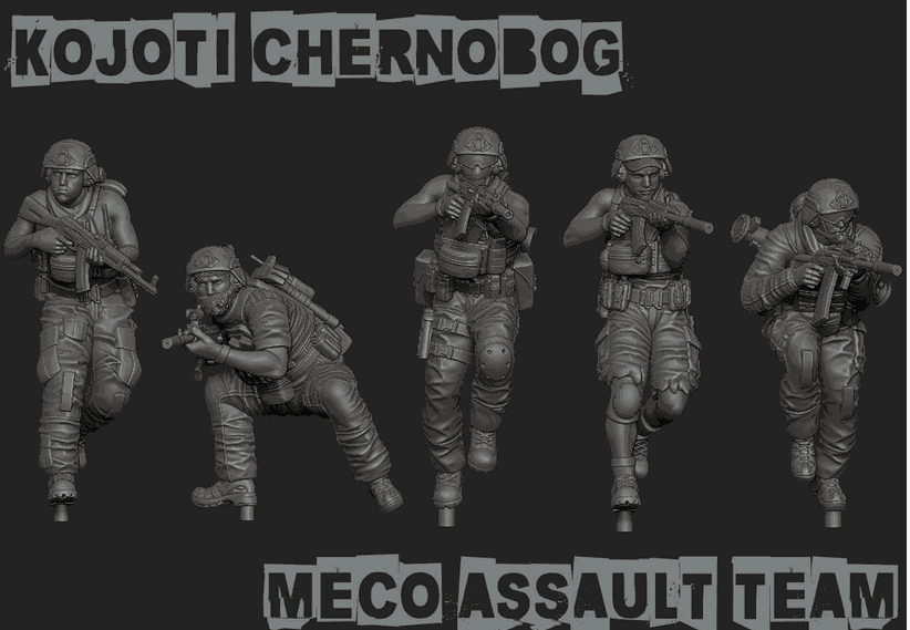 28mm Modern GUNSLINGER resin miniatures set featuring five unpainted Kojoti Chernobog Meco Assault Team figures in dynamic combat poses