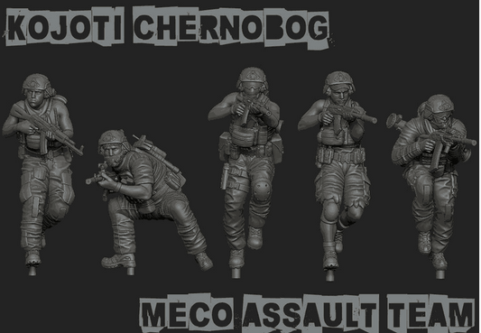 28mm Modern GUNSLINGER resin miniatures set featuring five unpainted Kojoti Chernobog Meco Assault Team figures in dynamic combat poses