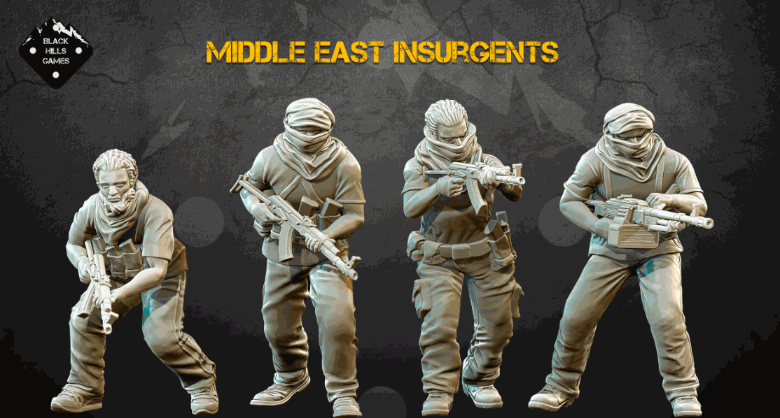 28mm modern Middle East insurgent miniatures set with AKMS rifles and PKM MG, unpainted resin models.