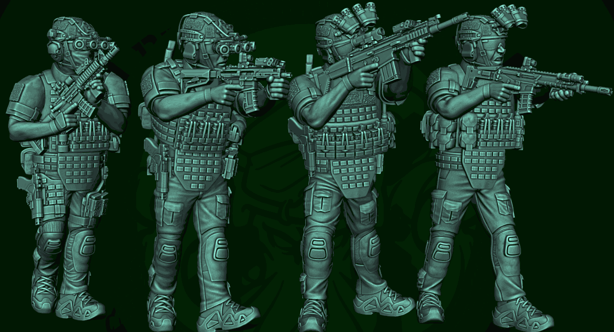 28mm resin printed unpainted modern North American and Western Europe soldier figures set of four in heroic scale with detailed tactical gear and weapons
