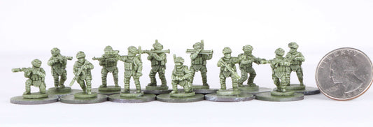 15mm unpainted resin miniatures of modern Russian soldiers in various poses with a US quarter for scale