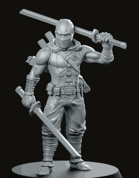 32mm Pulp Ninja Storm resin model of a ninja warrior with swords, unpainted and detailed for modern pulp gaming